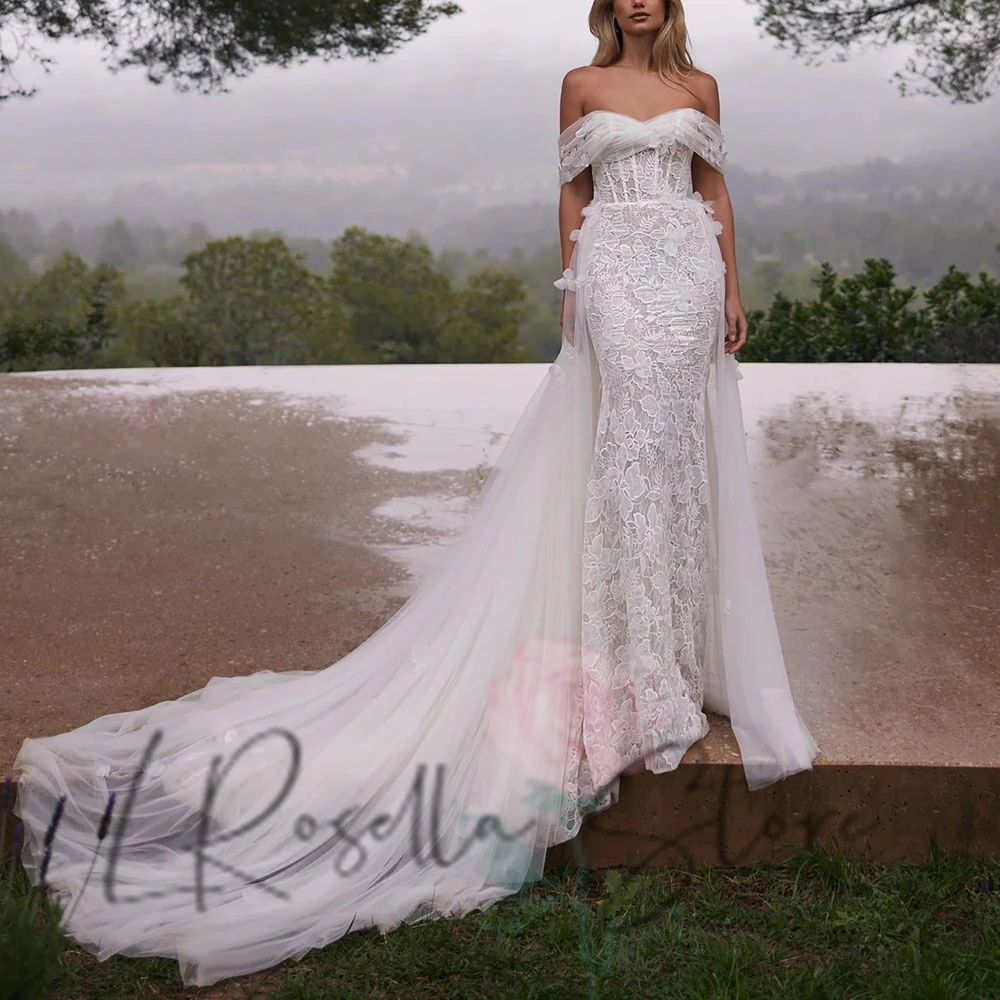 

LRosella Mermaid 3D Applique Boat-neck Bridal Gown Sleeveless With Tulle Train Elegant Wedding Dress vestidos de novia 2025