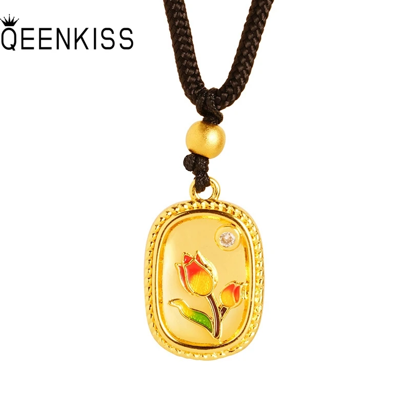 

QEENKISS 24KT Gold Rose Necklace Pendant For Women Fine Jewelry Wholesale Wedding Party Birthday Bride Girlfriend Gifts PT5141