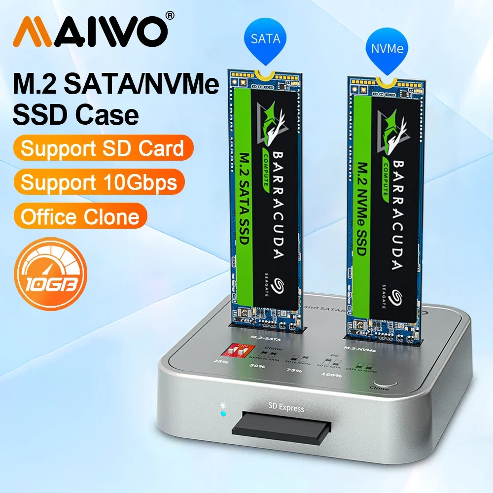 

MAIWO M.2 NVMe SATA SSD Enclosure 10Gbps with 4 raid USB3.1 GEN2 External Case Hard Drive Disk Dual Bay Port Copy Storage Box