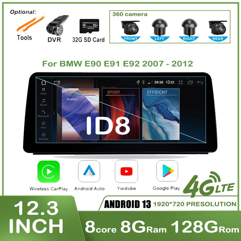 

12.3" ID8 UI Screen Android 13 For BMW 3 Series E90 E91 E92 Wireless Carplay Car Player Multimedia Radio Stereo Video Navigation