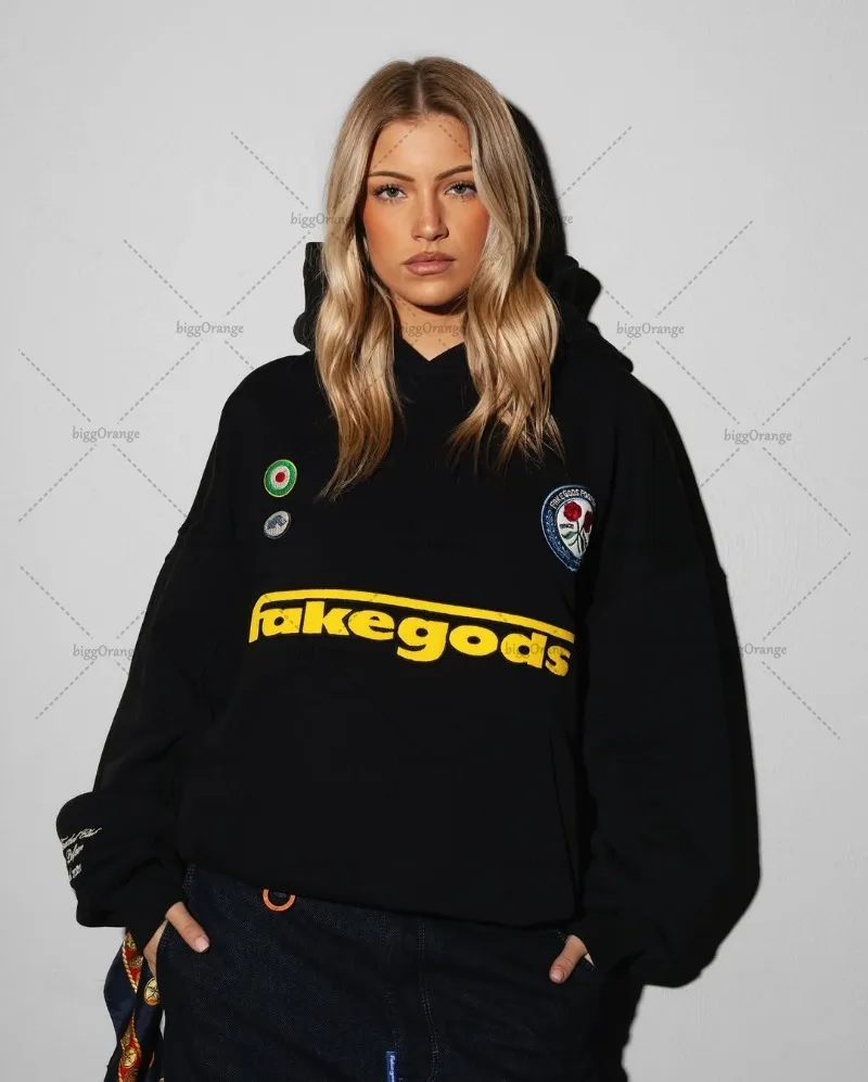 Harajuku Retro wzór w litery modna luźna bluza z kapturem męska główna moda uliczna odzież Casual bluza obszerna damska