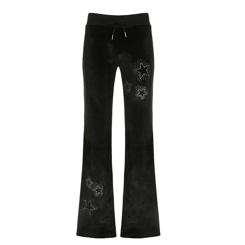 Pantalon évasé avec cordon de serrage taille basse étoile strass corde épissage velours cloche bas pantalon décontracté