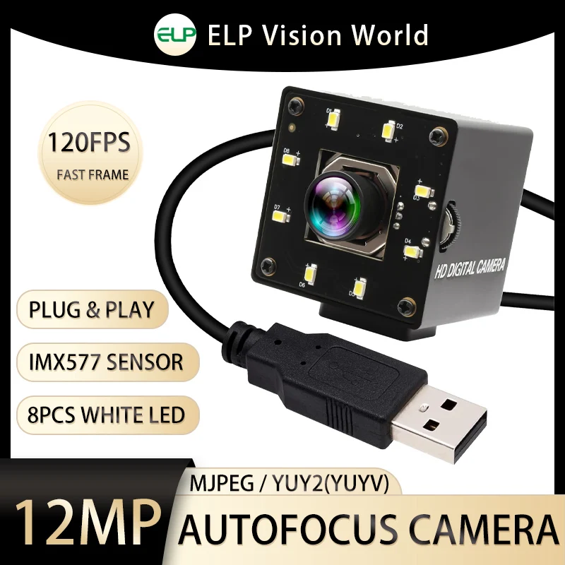 

ELP 12MP Autofocus USB Camera with 100 Degree No Distortion Lens High Speed 1080P 120fps Lightburn Camera with White LED for PC