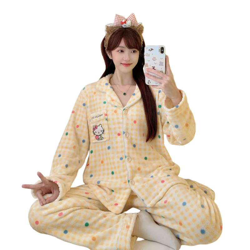 Зимний пижамный комплект с клетчатым принтом «Hello Kitty», новый пижамный костюм с героями мультфильмов, теплый корейский милый плюшевый домашний комплект Y2K, милая одежда для сна