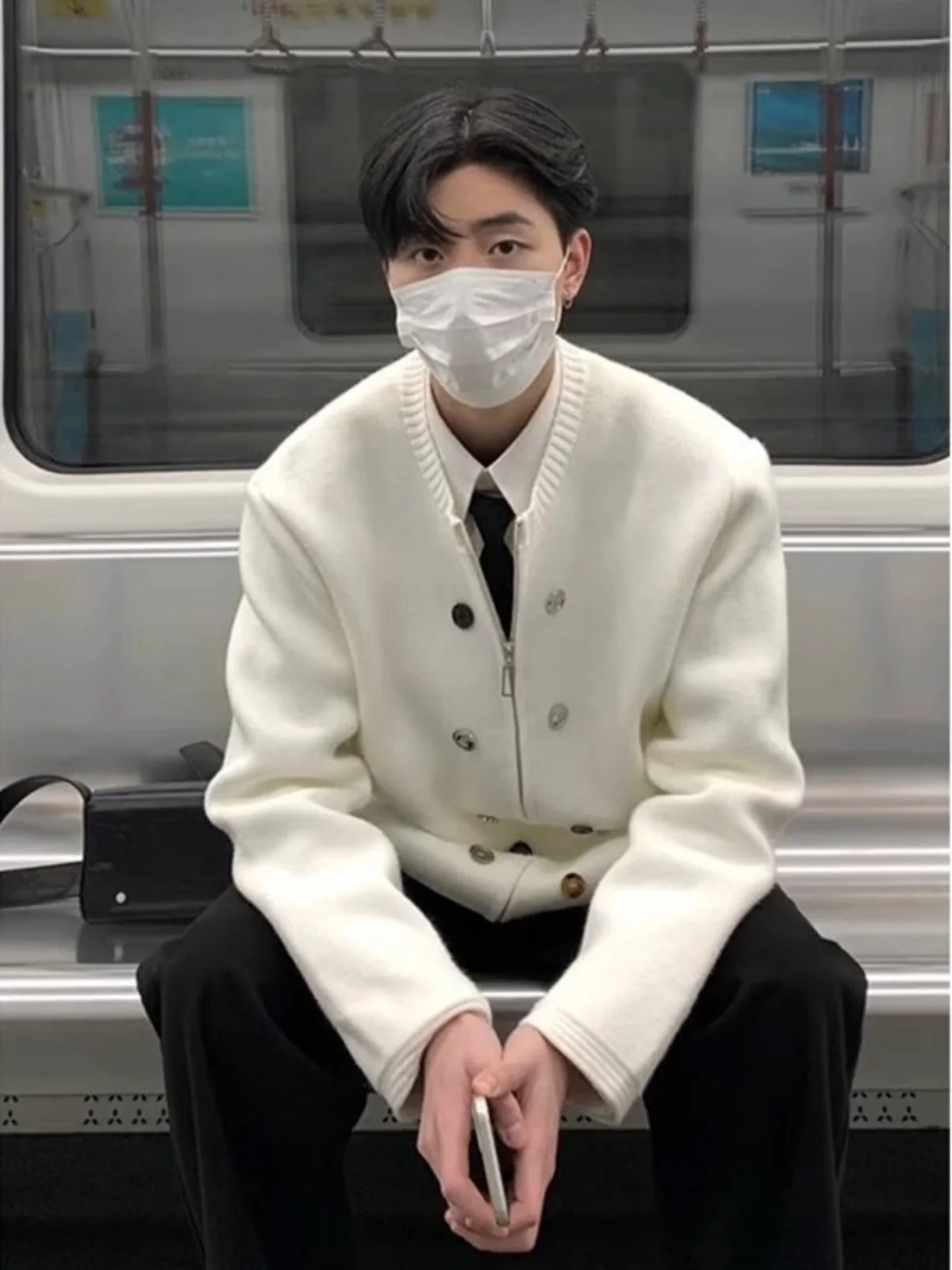 

White Zipper Henry Collar Knitwear Cardigan Men's Autumn High Sensation Lazy Oversize Couple Outerwear Casual Loose Fit