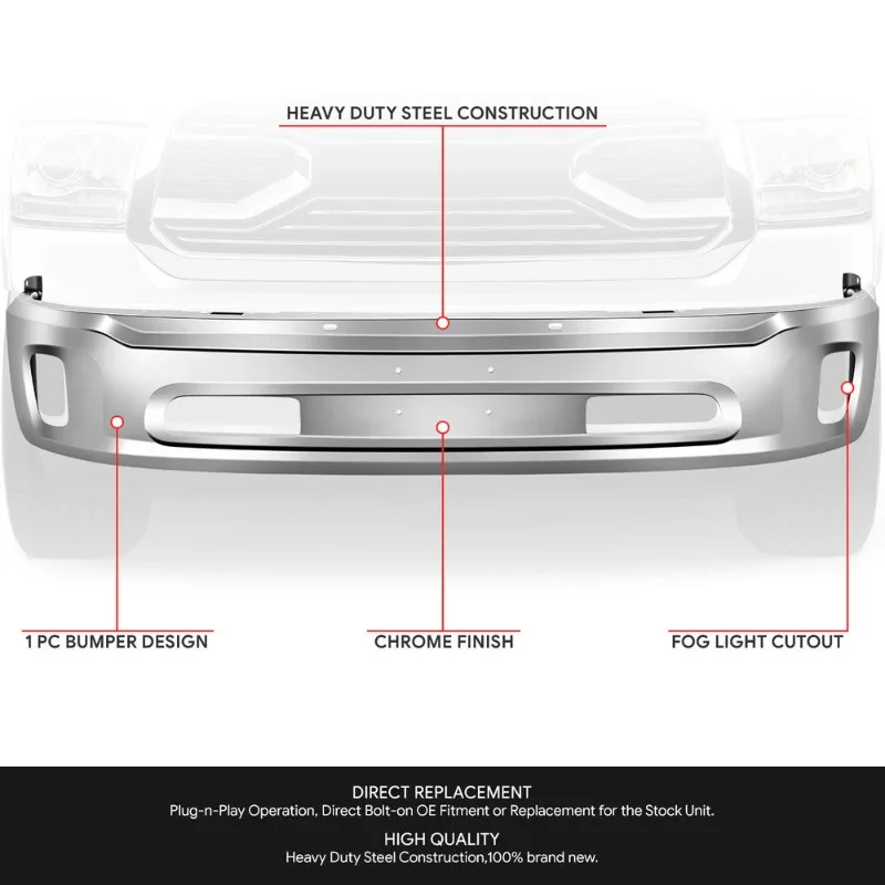 US For 14-24 Ram 1500/Classic Chrome Steel Front Bumper Face Bar w/ Fog Light Holes