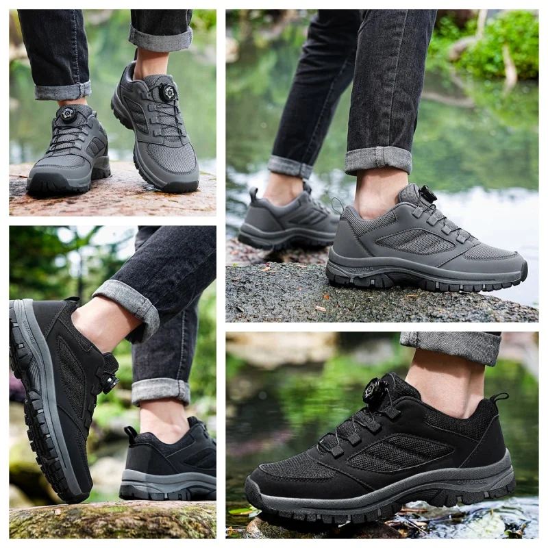 Men Spring Autumn Anti Slip Hiking Shoes, Rotating Buckle Comfort Outdoor Sports Shoes, Plus Size 39-48
