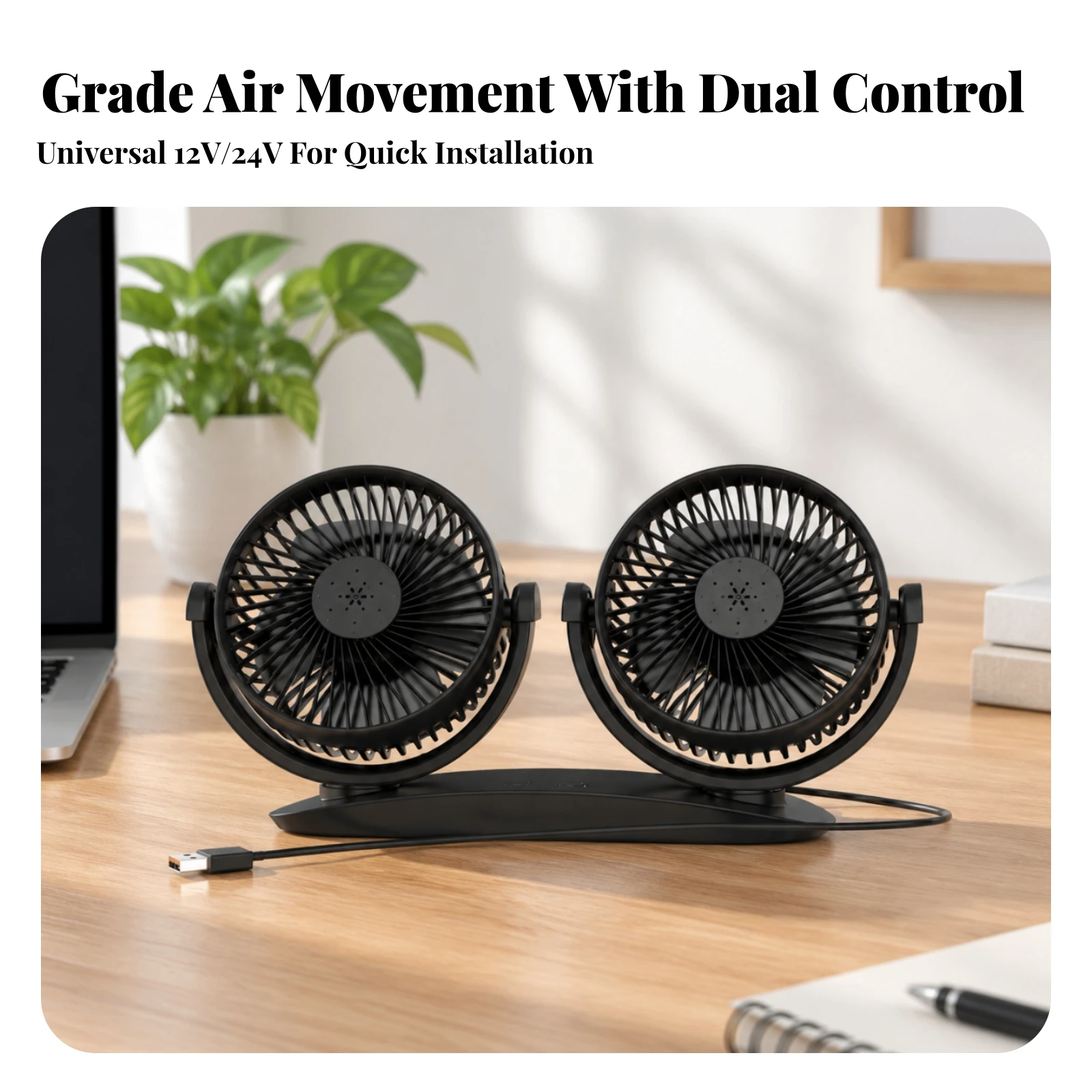 Compact Vehicle Fan with Angled Heads Quiet Twin Fan Assembly with Guarded Grilles Powerful Air Circulation for Van Interiors
