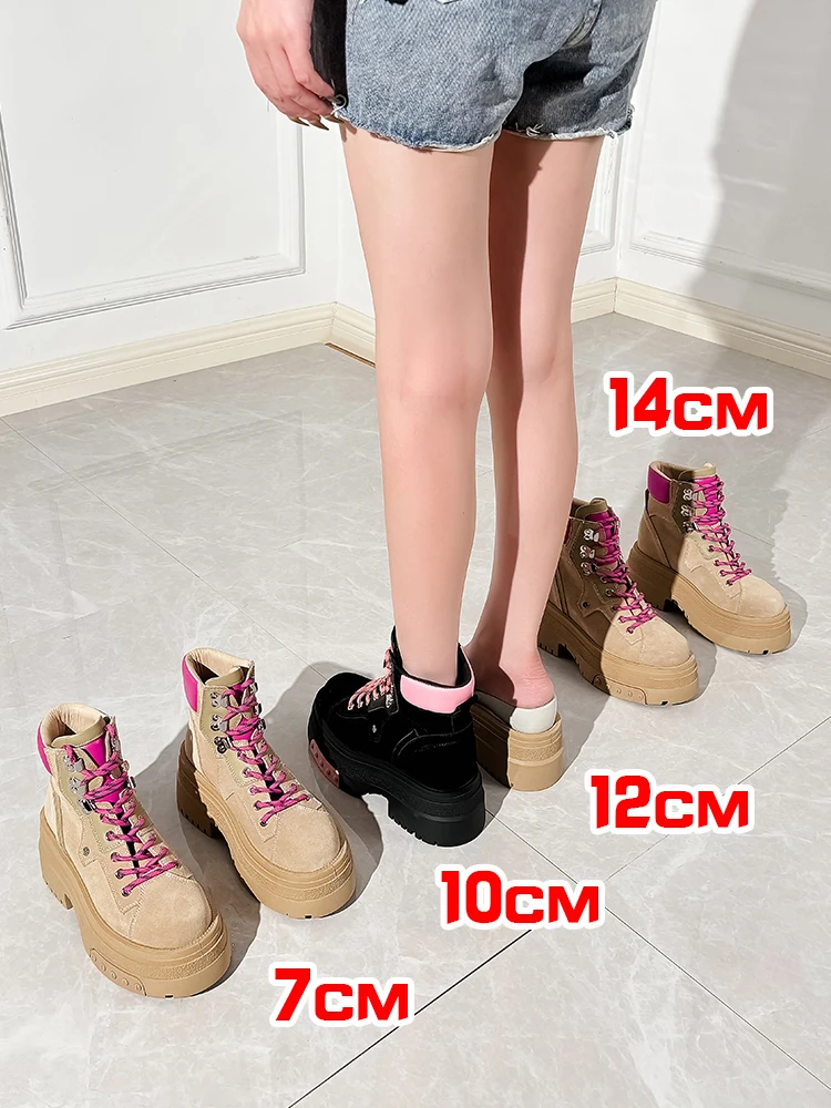 7–14 cm Damen-Schuhe aus echtem Leder, Wildlederstiefel, 10 cm, klobige Plattform, Damenstiefel, klassischer kurzer Stiefel, Elevator-Stiefeletten