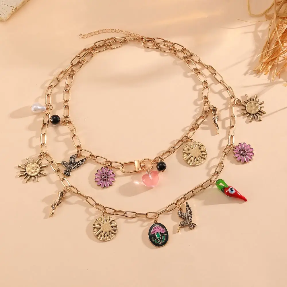 Simple Metal Chain Enamel Necklace Flying Bird Sunflower Flower Pendant Necklace Vintage Exaggerated Boho Clavicle Chain Beach