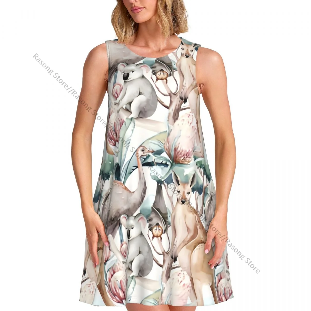 Vestido de chaleco de verano para mujer, vestidos femeninos sin mangas con estampado de Canguro y Koala de dibujos animados australianos de acuarela