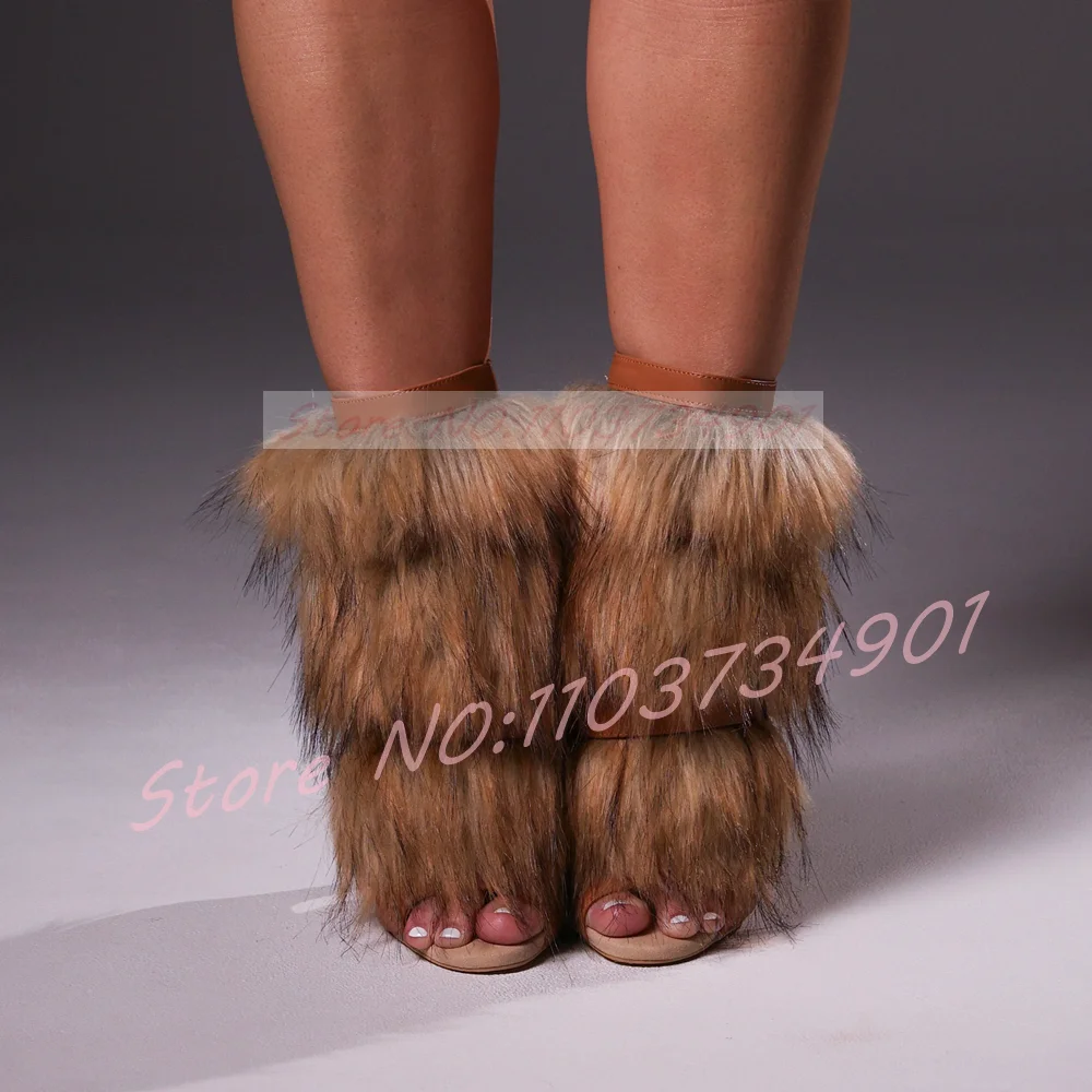 Brown Fluffy Open Toe Back Zip Boots Women Faux Fur Double Buckle Strap High Heels Ankle Boots Street Chic Big Size Shoes