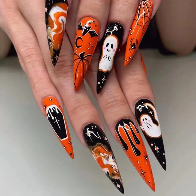 24pcs Halloween Spooky Stickers Cobweb Spooky Stick-on Nails Press on Decorated False Nails Tips Finger Acyrlic Fake Nail Art