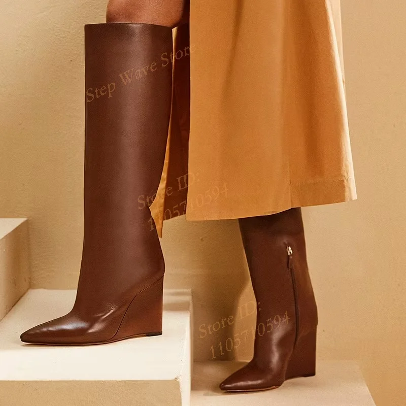 Brown Leather Wedges Knee High Boots Pointy Toe Zipper New Arrivals 2026 Winter Trending Boots Handmade Hot Sale Solid Leather