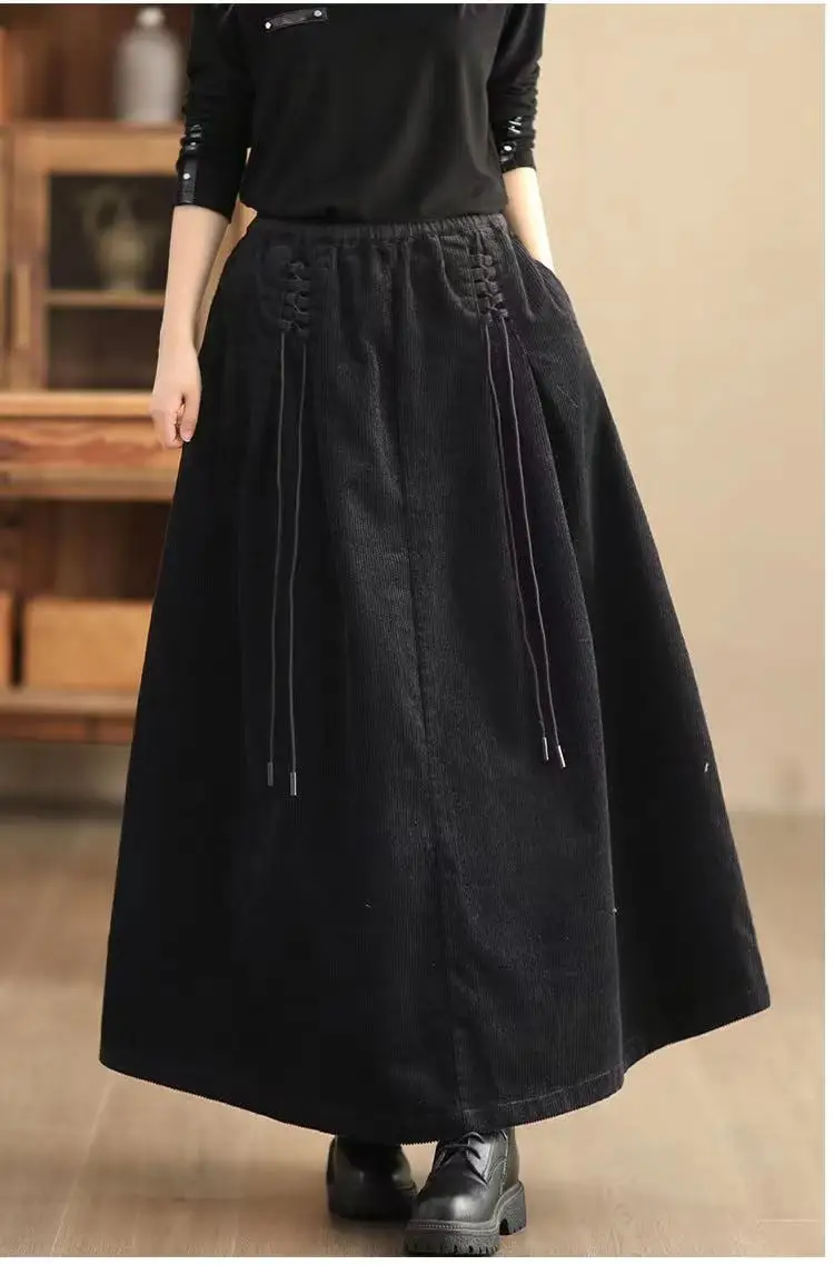 YZJNH 2024 Autumn New Half Length Skirt Women's Loose Corduroy Half Length Skirt Women's Elastic Waist Big Hem Velvet Long Skirt