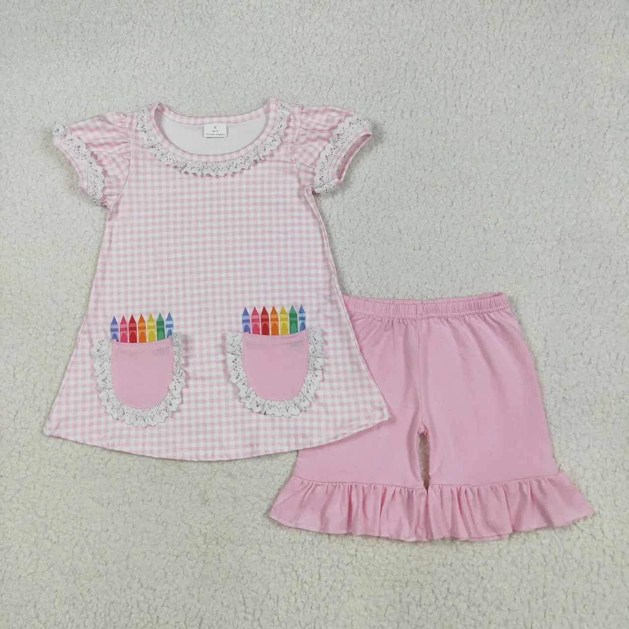 

Wholesale Baby Girl Short Sleeves Pencils Pockets Tunic Clothing Cotton Shorts Children Back to School Toddler Kids Set Outfit