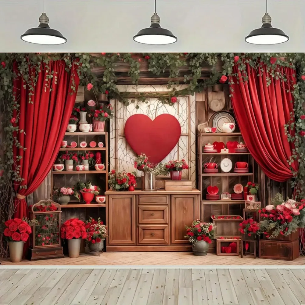 Romantischer Valentinstag Roter Vorhang Herzförmiges Banner Hintergrund, Paarporträt Verlobungsdekoration Fotografie-Hintergrund