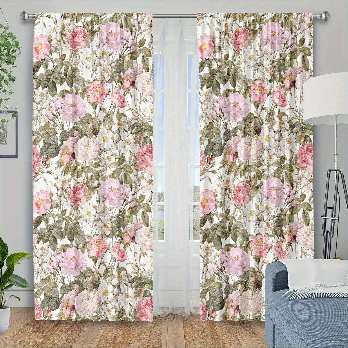 Ultra Large Floral Print Curtains Polyester Window Drapes Pair Romantic Cottagecore Boho Home Decor Sunlight Filtering Panel