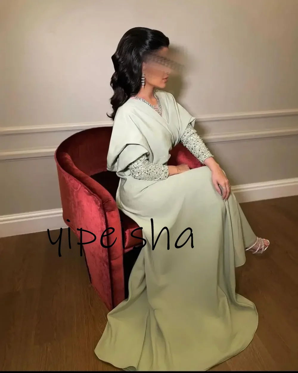 Yipeisha-Robe de Soirée Exquise à Paillettes et Col en V, Manches sulf, Balayage Traîne, Bal, Sirène