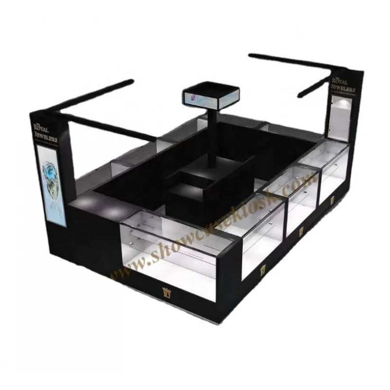 

2025customized.Custom Made Black Jewelry Showcase Counter Design Mall Modern Wood Retail Jewelry Kiosk