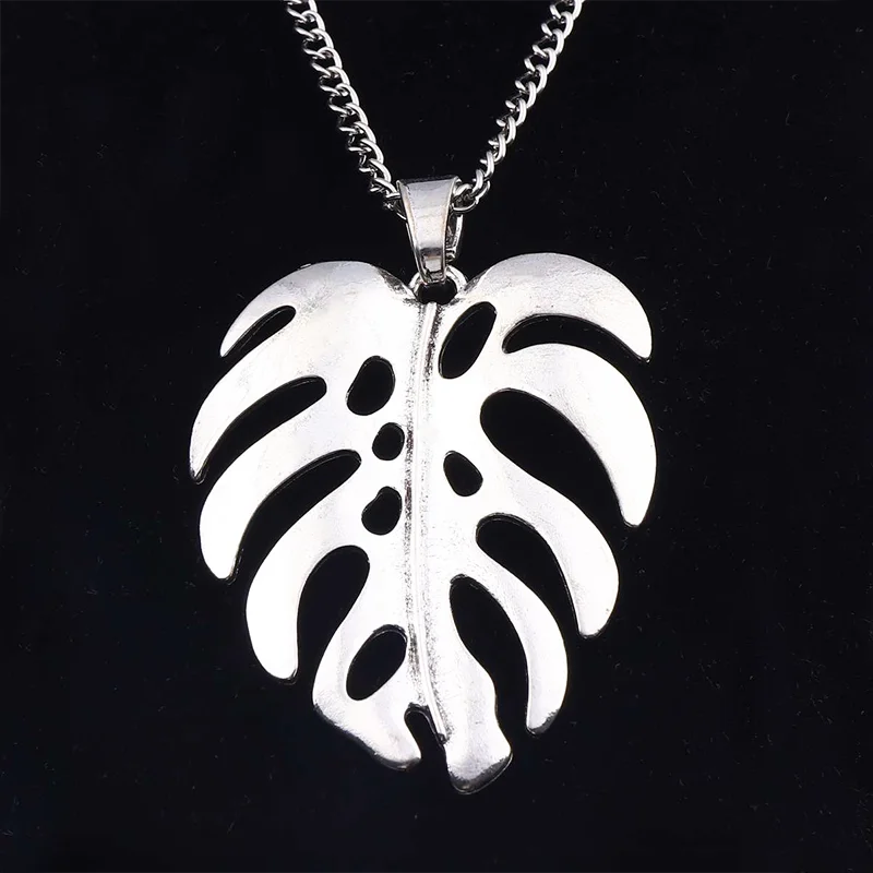 Tibetan Silver Large Monstera Leaf Tropical Palm Leaves Pendant Necklaces Adjustable Length Long Jewelry Choker Link Chain 34