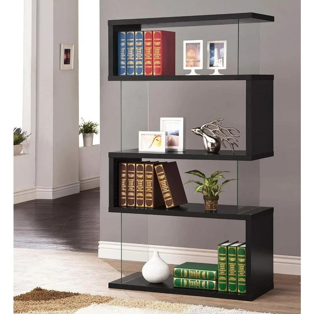 Asymmetrical Snaking Bookcase Black and Clear,Tall Bookshelf Bookcase for Living Room Home Office,Bookshelves