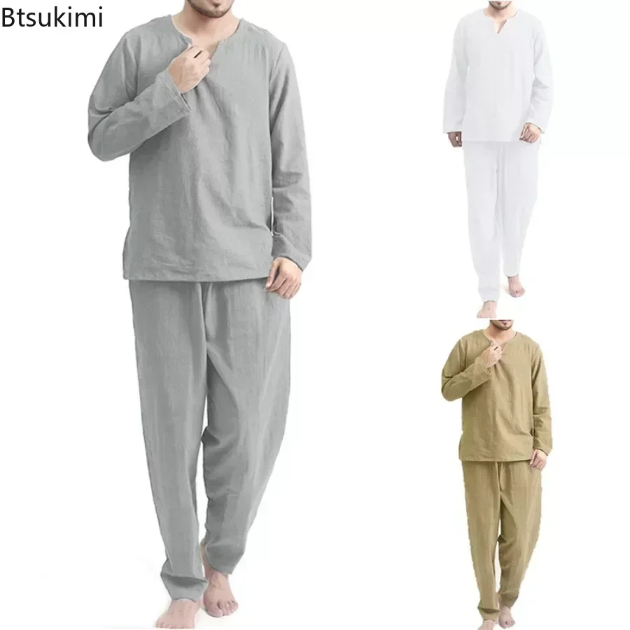 

2025 Men's Casual Two Pieces Set Pajama Sets Solid Long Sleeve Pullover Tops and Elastic Waist Pant Pijamas Soft Sleepwear Male