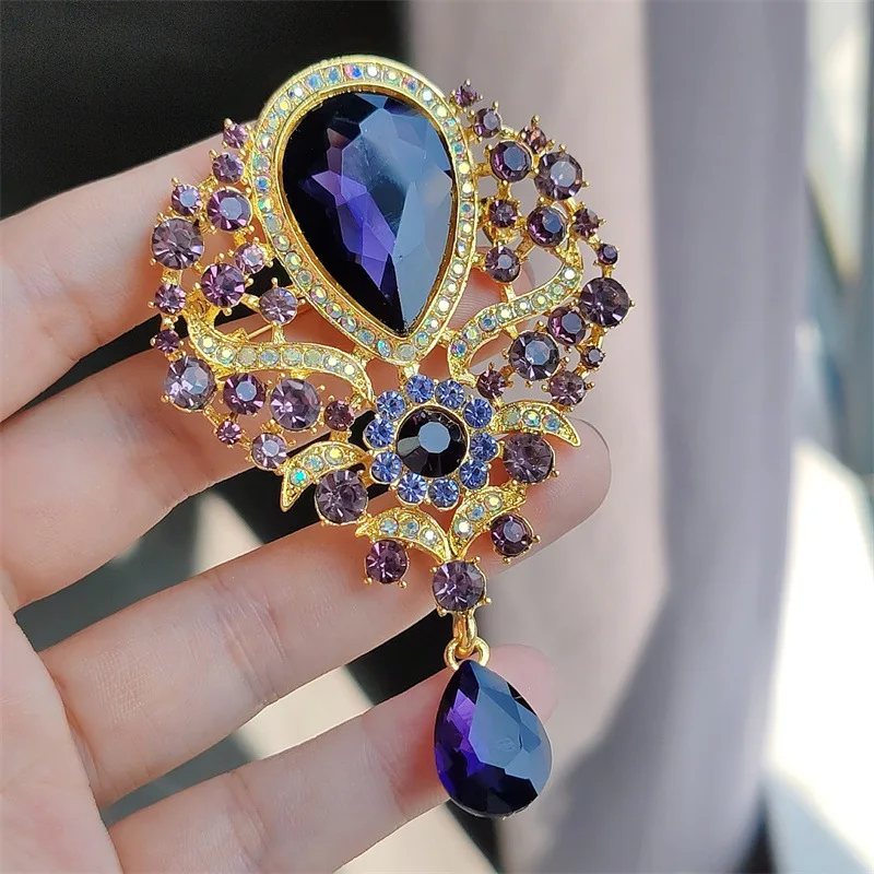 Luxury Elegant Large Crystal Water-drop Brooches for Women Vintage Fashion Pendant Style Elegant Wedding Pins Party Jewelry