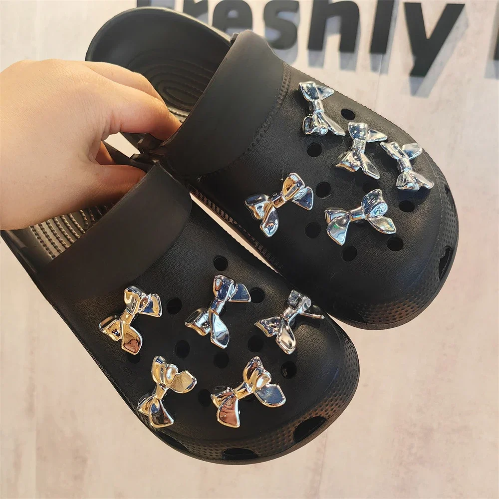 DIY Stylish Silver Bow Shoe Charms for Clogs Slides Sandals Garden Shoes Decorations Charm Set Accessories Kids Gifts