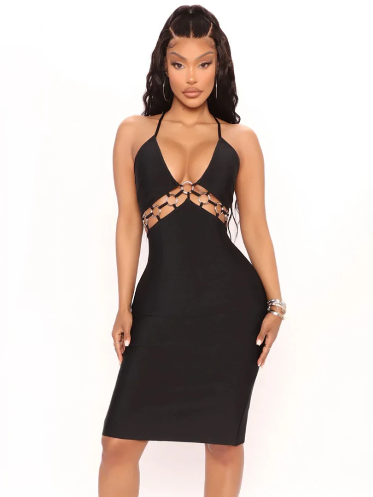 Sexy schwarzes ärmelloses Midi-Verbandskleid mit tiefem V-Ausschnitt, Nachtclubs, Cocktail-Events, Abendkleider, figurbetonte, rückenfreie Ballkleider