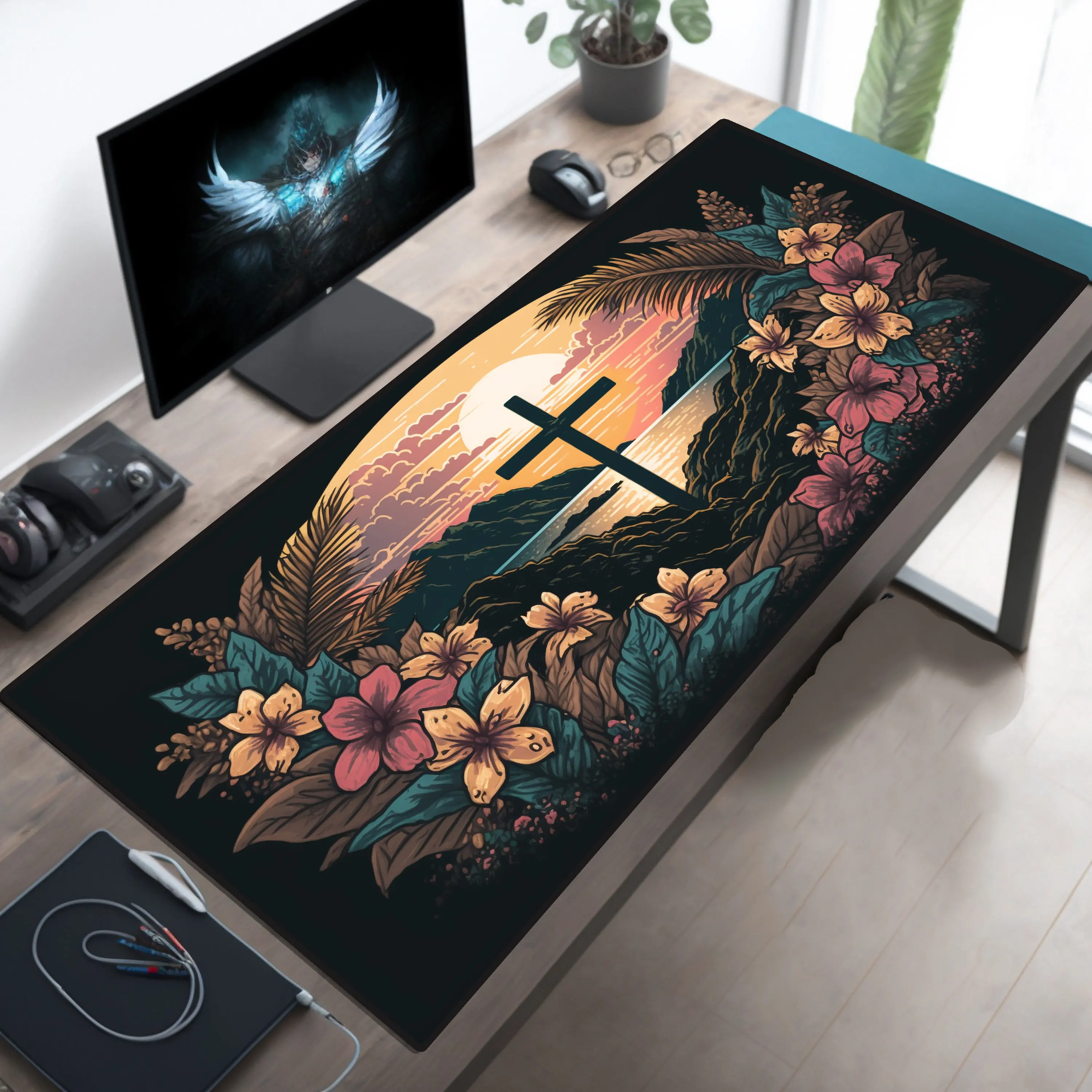 Hawaiian Cross Art Mousepad XL Bible Mouse Pad Beach Cross Desk Mat Biblical Desk Pad Christian Mousemat Keyboard Computer Mat