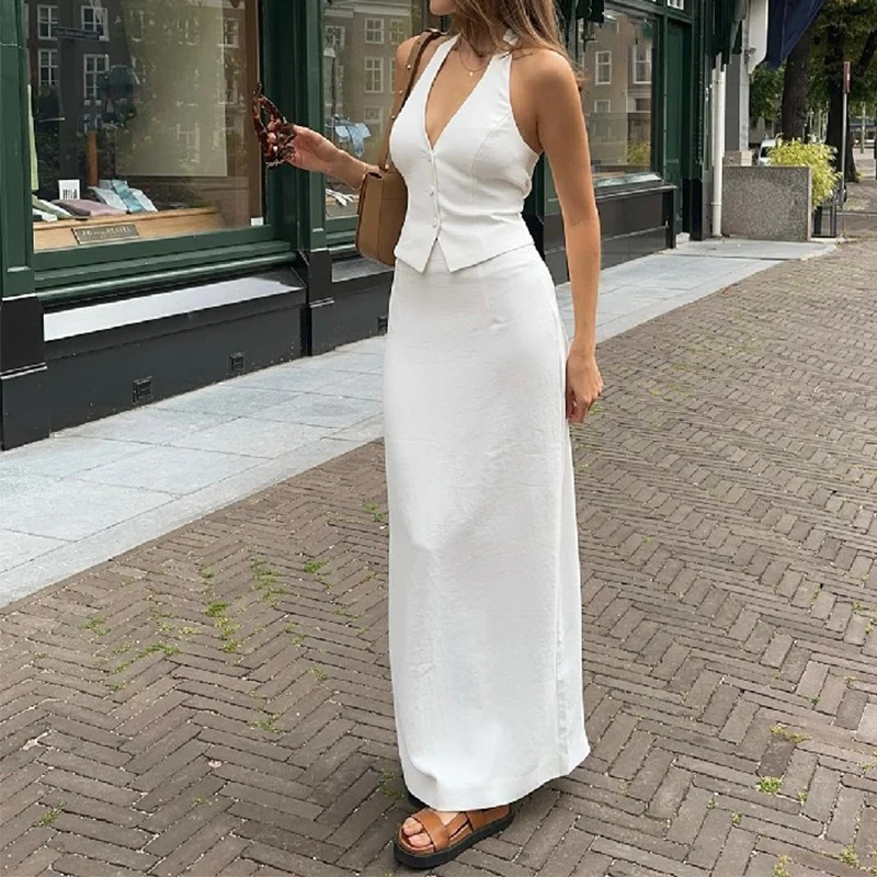 

OMSJ Simple Solid Color Streetwear Two Pieces Matching Set Halter V Neck Lace Up Tank Tops+Split Midi Skirts Trendy Elegant Suit