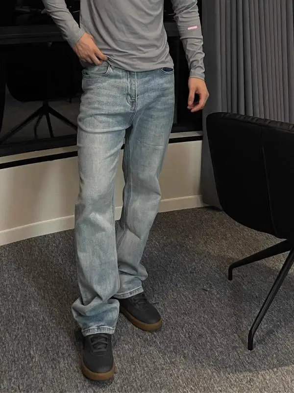 

American Retro Waed Cleanfit Iceberg Blue Jeans Men High Ounce Straight Casual Long Pants Youth ular Wear Resistant