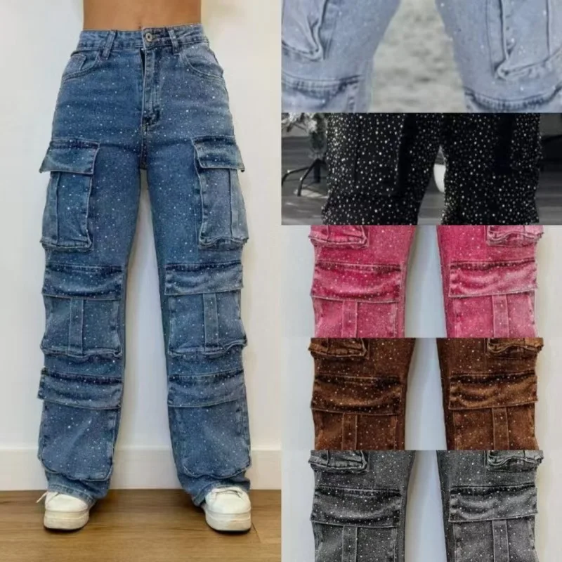 

Pants Women Spring Summer Denim Cargo Pocket Rhinestone Trousers Jeans