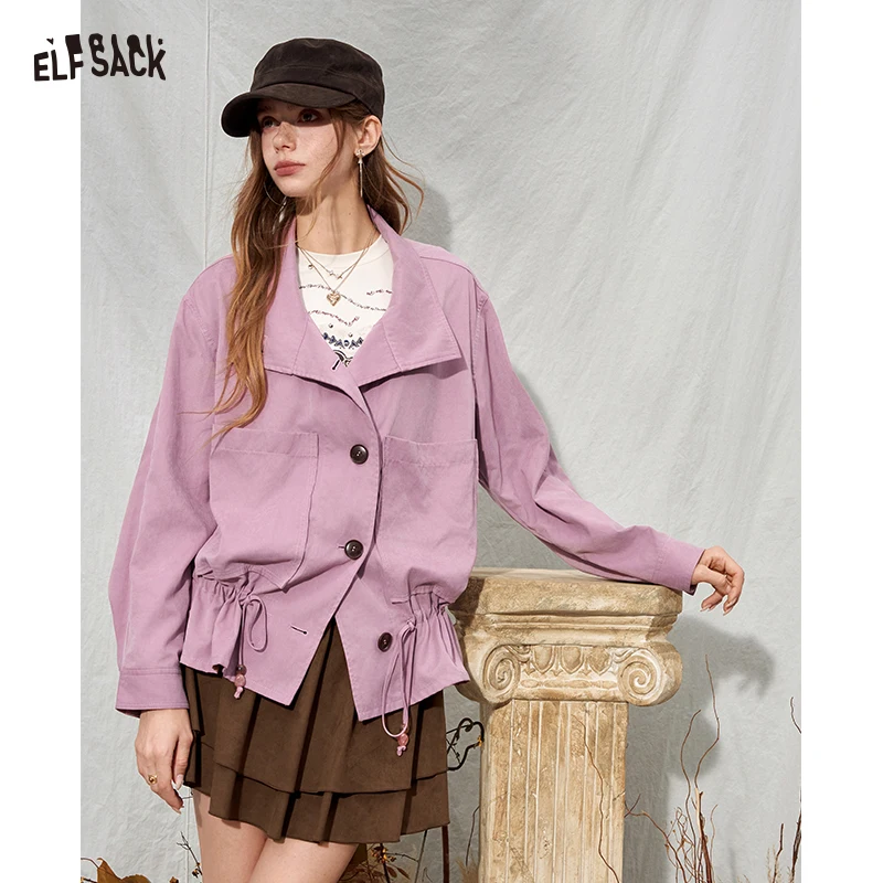 ELFSACK Women's Casual Short Jacket with Drawstring Hem, Lapel Collar Button Front Outerwear, Chic Daily Coat