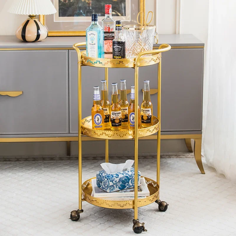 Home brass light luxury movable three-tier dining cart, living room household storage, coffee table, sofa cart