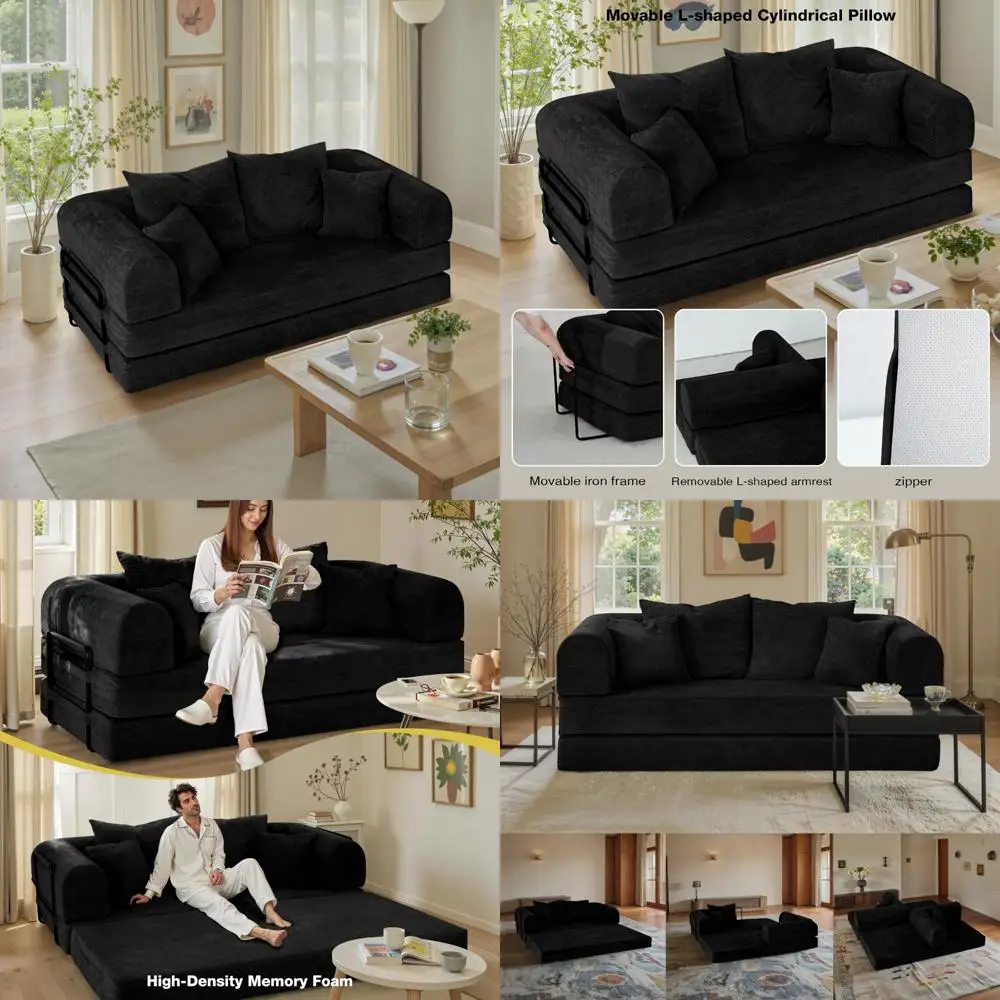 

Convertible Sofa Bed with Pillows, Chenille Fold-Out Sleeper, Comfortable Lounge Couch for Living Room