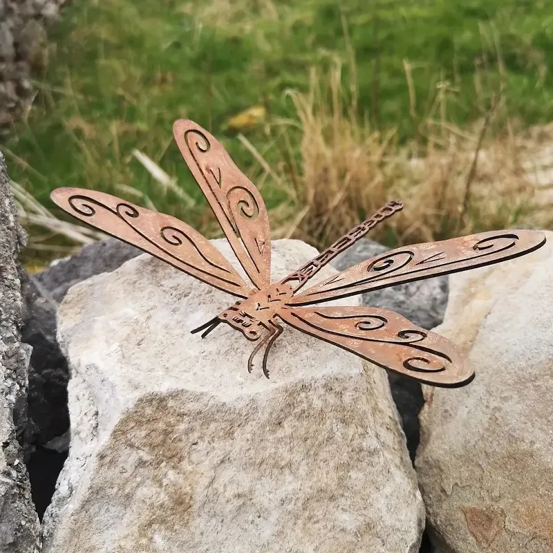 Elegant Metal Rust Dragonfly Garden Statue Art Deco, Rustic Outdoor Sculpture, Durable Ground Mount Home & Garden Decor, No Batt