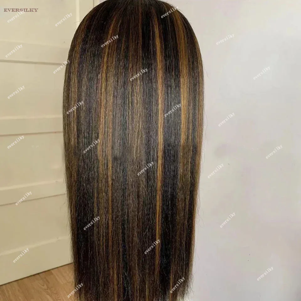 Peluca de cabello humano liso con parte en V, pelo rizado, Chocolate fresco, Marrón castaño claro, Yaki, extremo completo en forma de U