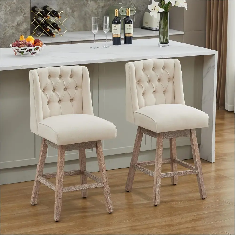 Set of 2 26 Linen-Covered Swivel Bar Stools, Counter Height with Back Support, Suitable for Kitchen Island or Dining Room