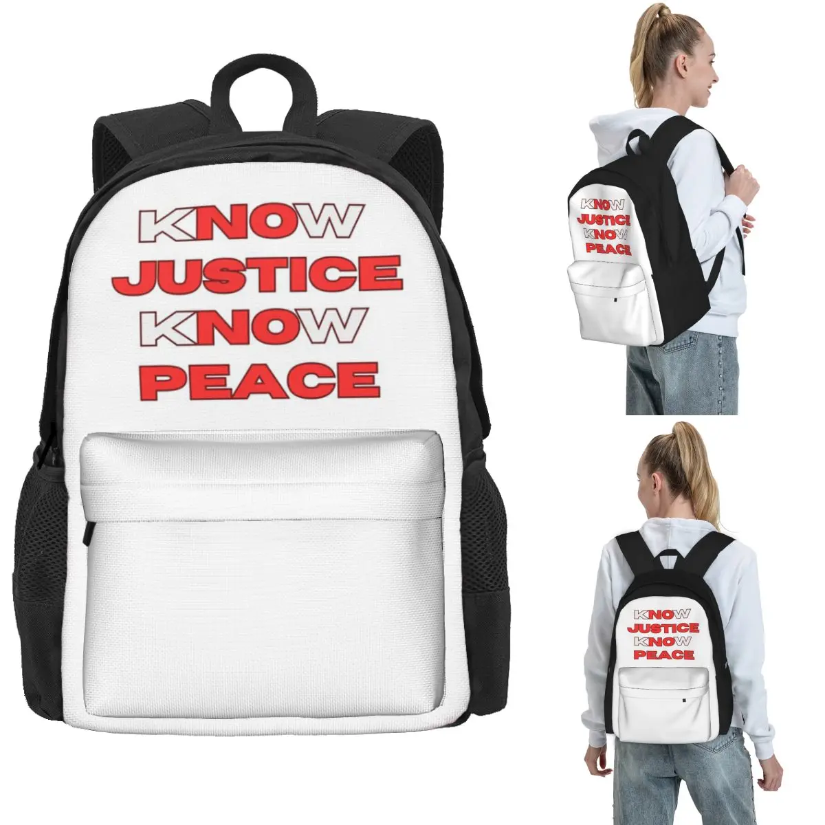 Know Justice Know Peace Backpack Hot Sale Daypack Large Capacity Kids BookBag School Bag Shoulder Bags for Men Women