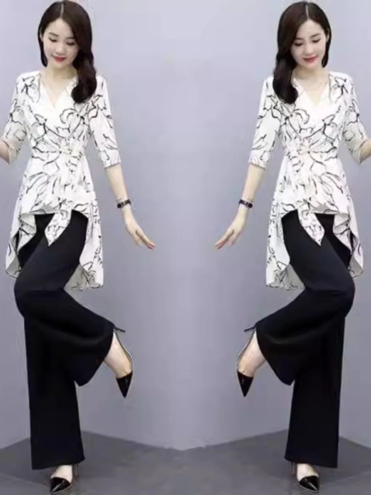 Summer 2026 Women's Loose Maternity Fashion Chiffon Two-Piece Set plus Size Wide Leg Pants Cover Belly Top Quality Polyester
