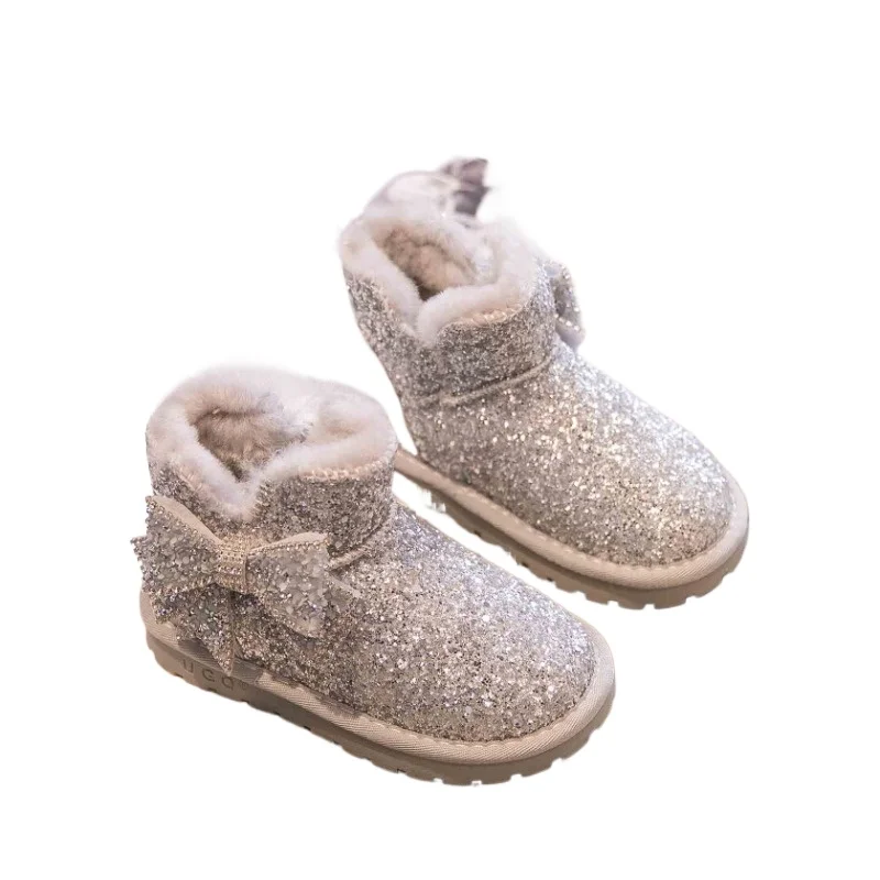 Fashion Sequin Rhinestones Girls Botas 2024 Winter Thick Plush Warm Children's Snow Boots Kids Flat Ankle Boots Non Slip Sneaker