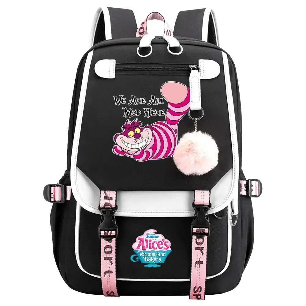 MINISO  Alice In Wonderland Boys Girls Kids School Book Bags Women USB Bagpack Teenagers Canvas Laptop Backpack