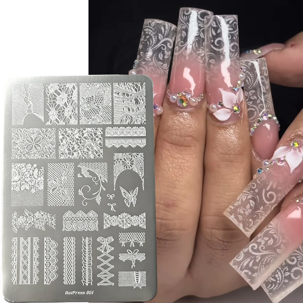 1pcs Flower Lace Lattice Nail Stamping Plate Hollow Out Fishing Net Mesh Nail Stamp Template Grid Checkered Stainless Steel Tool