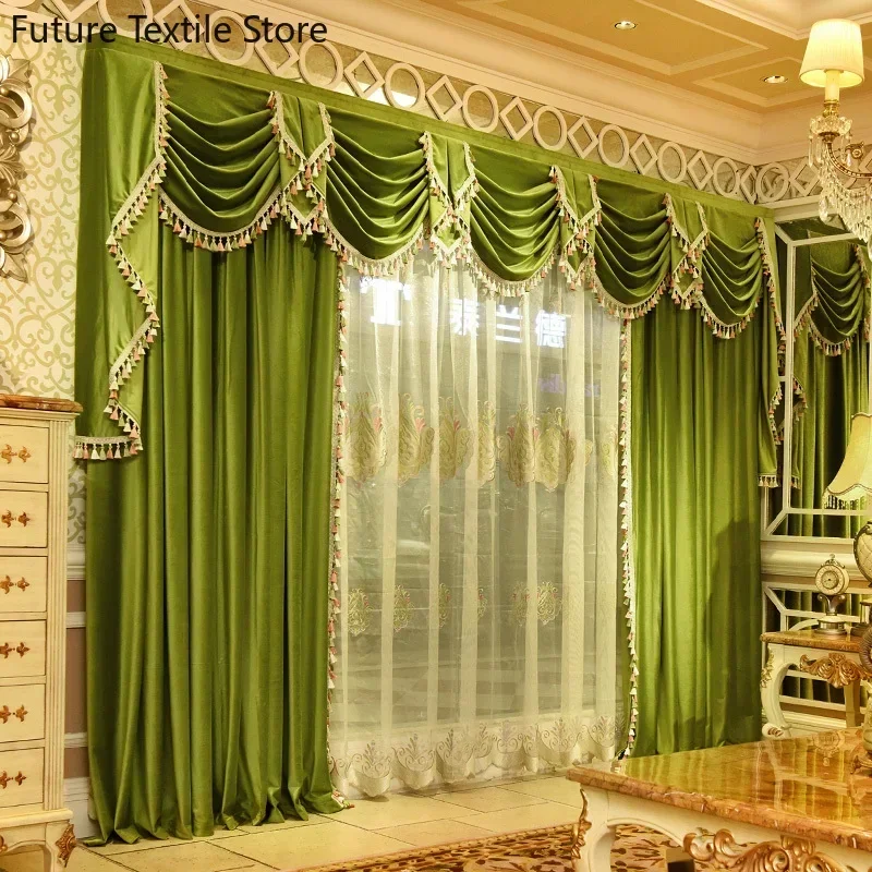 

American European Green Velvet Curtains for Living Room Bedroom Neoclassical Flannel Finished Product Valance Customization