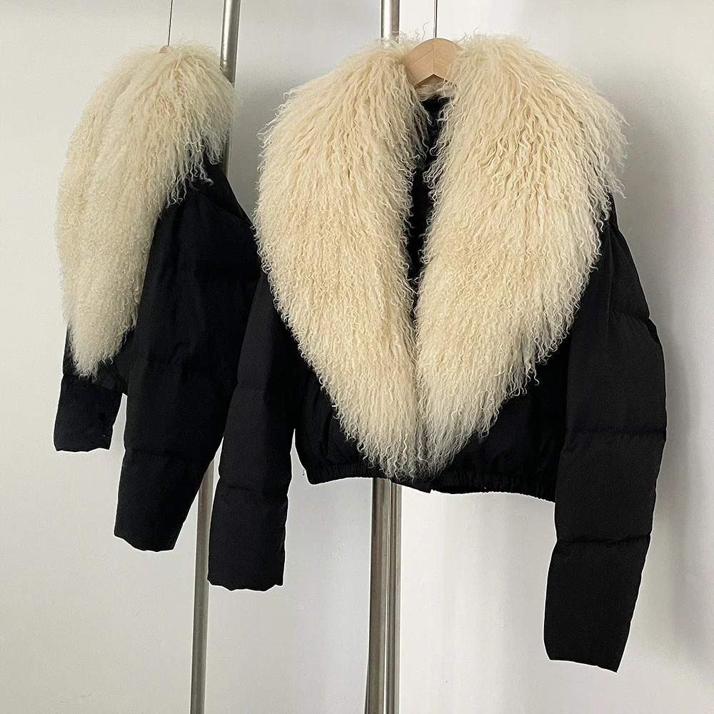 Real Fur Collar Coat Large Mongolian Fur Collar White Duck Down Jacket Women Winter Short Waterproof Puffer Jacket Female Parkas
