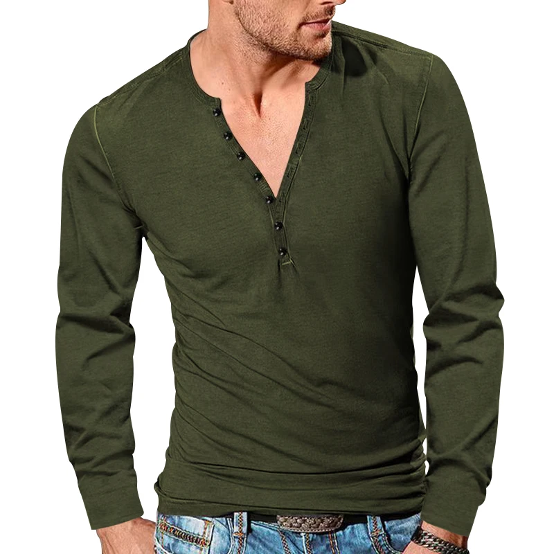 New Men's Four Season Henley shirt Vintage Long Sleeve T-shirt Cross border Men's Button V-Neck Slim Solid T-shirt Top