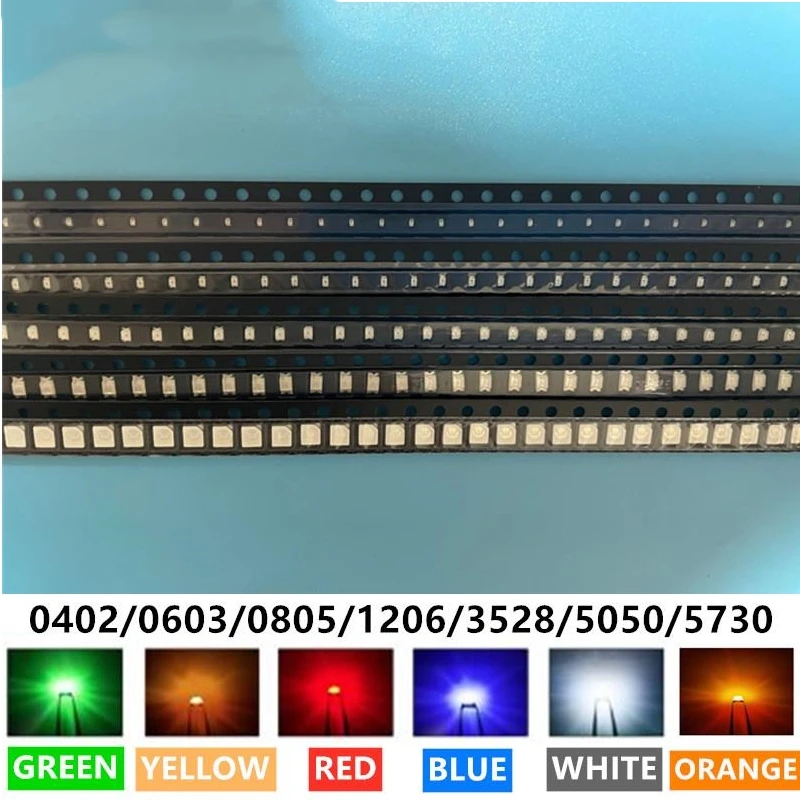 0402 0603 0805 1206 3528 5050 5730 3020 3014 4014 SMD LED Czerwony Żółty Zielony Biały Niebieski Pomarańczowy dioda elektroluminescencyjna 100 sztuk/partia