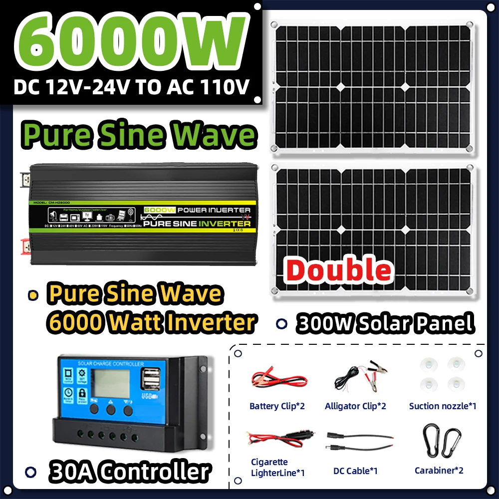 6000W Pure Sine Wave Solar Power Inverter 2*300W Solar Panel System Kit Controller Generation Camping Battery For Home Car RV